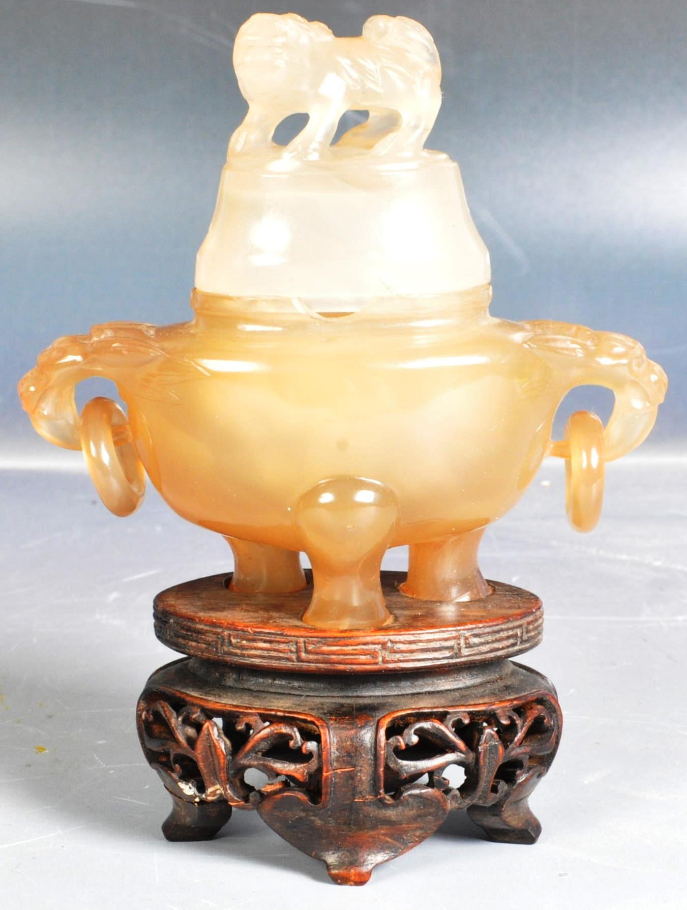 19TH CENTURY CHINESE CARVED JADE CENSER ON STAND - Image 4 of 6
