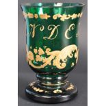 19TH CENTURY BOHEMIAN GREEN GLASS GILDED SOUVENIER BEAKER