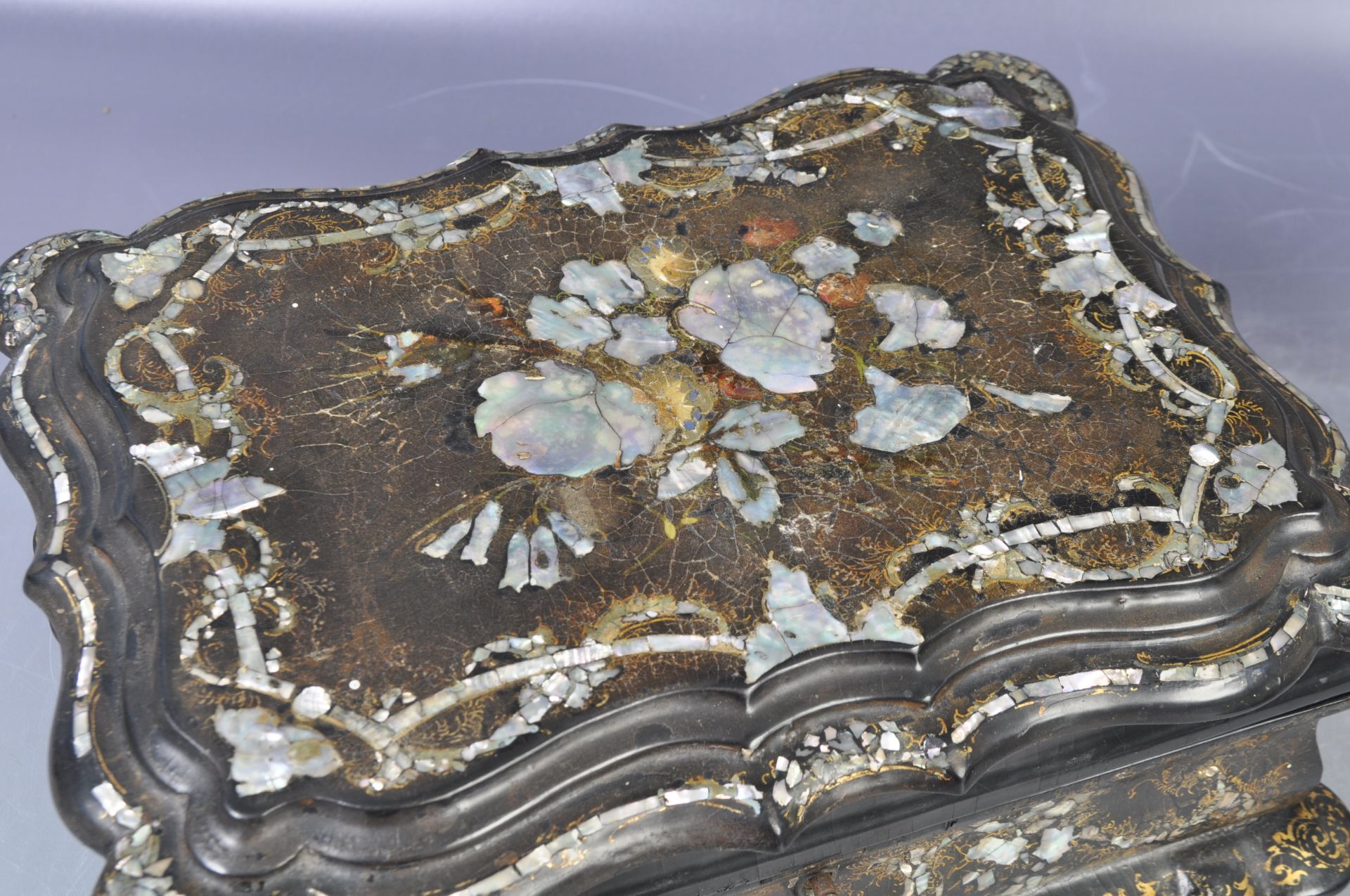 VICTORIAN PAPIER MACHE MOTHER OF PEARL WORKBOX - Image 3 of 9