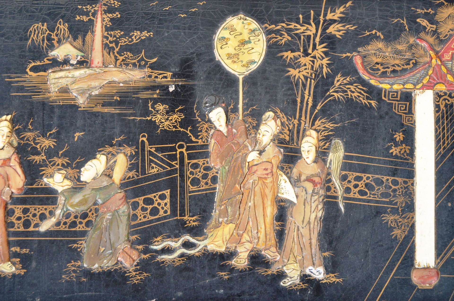 19TH CENTURY CHINESE CHINOISERIE BLACK LACQUER WALL PANEL - Image 4 of 7