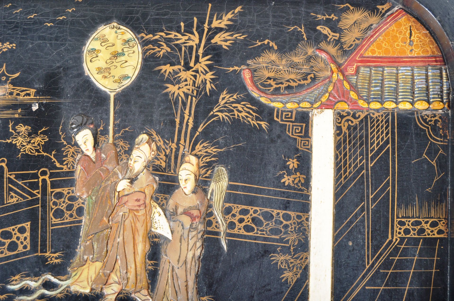 19TH CENTURY CHINESE CHINOISERIE BLACK LACQUER WALL PANEL - Image 5 of 7