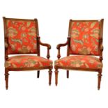 PAIR OF 19TH CARVED WALNUT FRAMED ARMCHAIRS