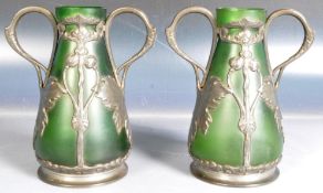 PAIR OF ART NOUVEAU PEWTER AND GLASS VASES