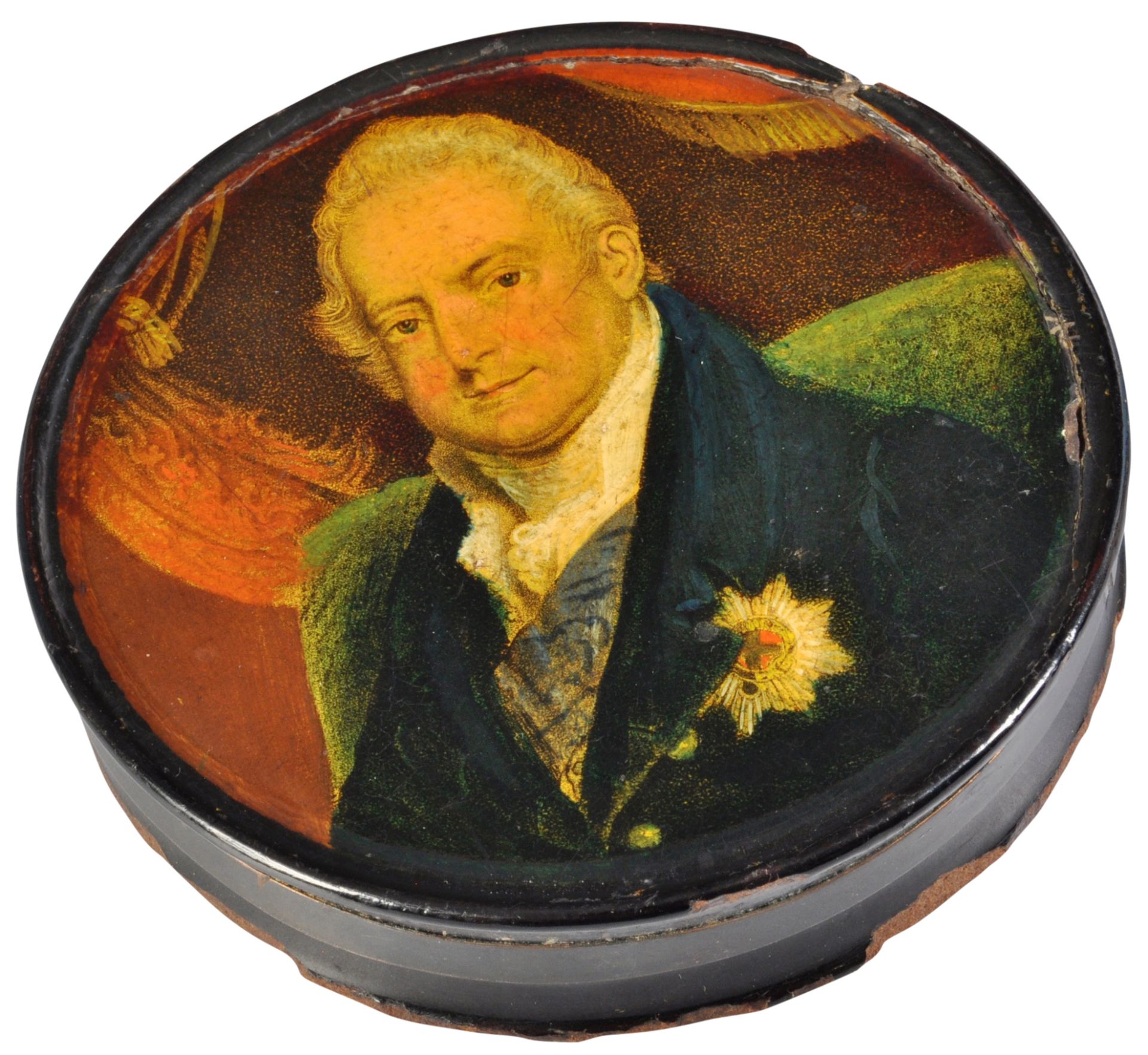 VICTORIAN PAPER MACHE SNUFF POT PAINTED WITH KING WILLIAM IV