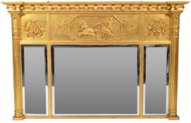 19TH CENTURY GILTWOOD AND GESSO WORKED TRIPTYCH OVERMANTEL MIRROR