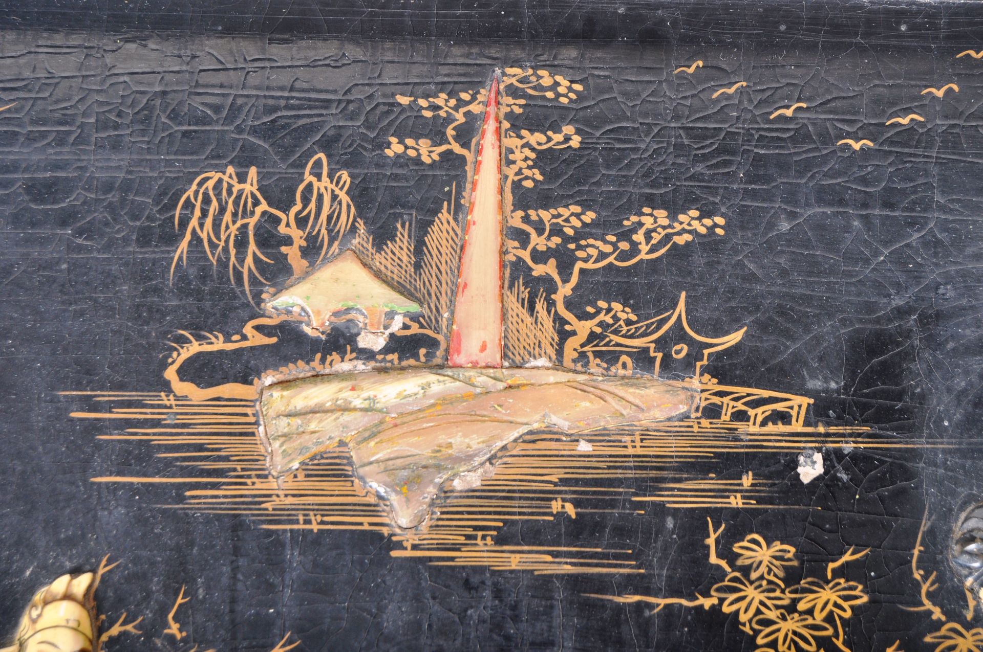 19TH CENTURY CHINESE CHINOISERIE BLACK LACQUER WALL PANEL - Image 3 of 7