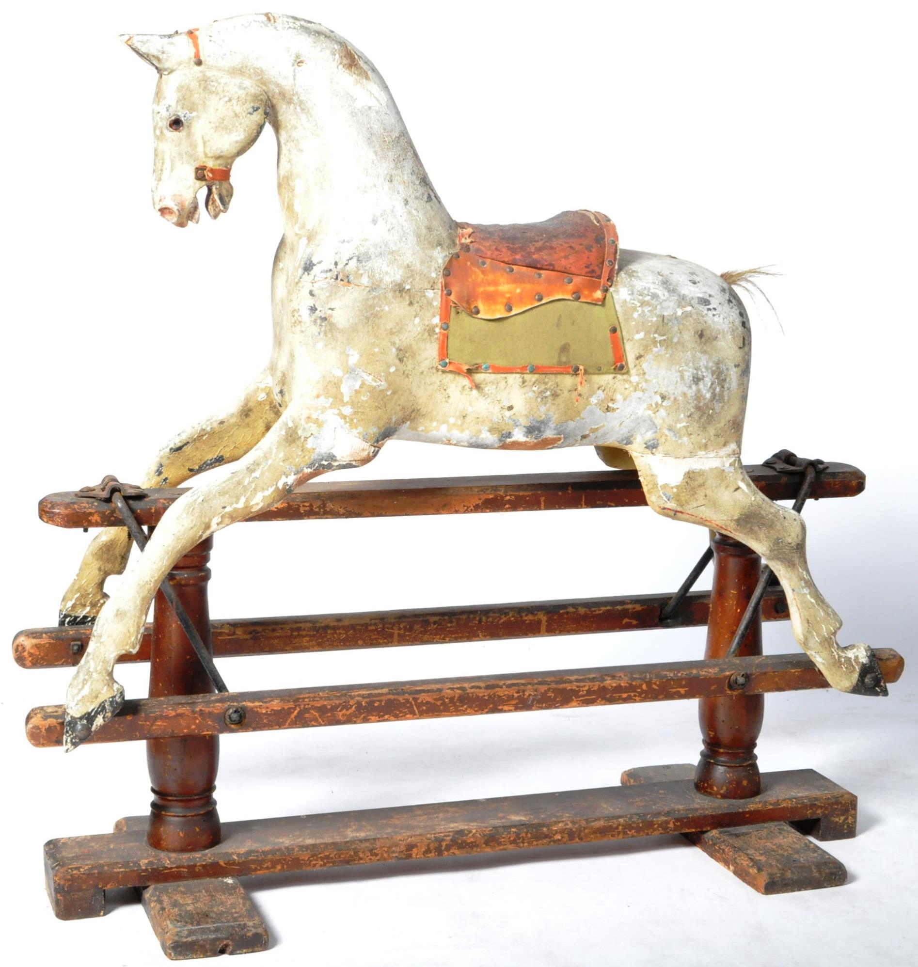 VICTORIAN WOODEN DAPPLE GREY PAINTED ROCKING HORSE