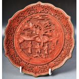 19TH CENTURY CHINESE BRASS AND CINNABAR LACQUER PLATE