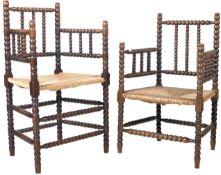 PAIR OF LADIES & GENTS ARTS & CRAFTS WILLIAM & MARY BOBBIN CHAIRS