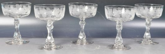 SET OF FIVE FACETED & ETCHED GLASS CHAMPAGNE COUPES