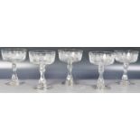 SET OF FIVE FACETED & ETCHED GLASS CHAMPAGNE COUPES