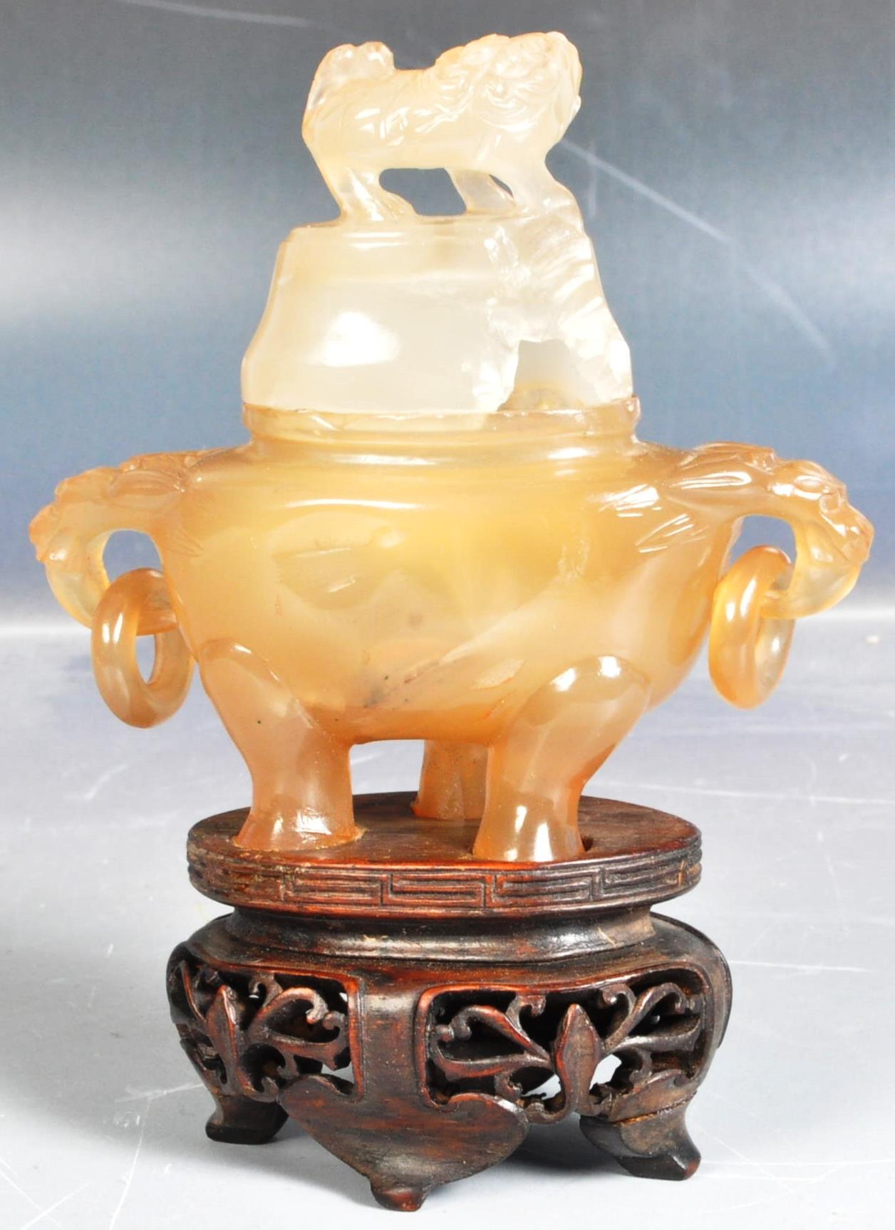 19TH CENTURY CHINESE CARVED JADE CENSER ON STAND