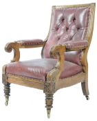 WILLIAM IV ENGLISH CARVED OAK AND LEATHER LIBRARY CHAIR