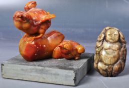 TWO PIECES OF HAND CARVED CHINESE HAND CARVED SOAPSTONE