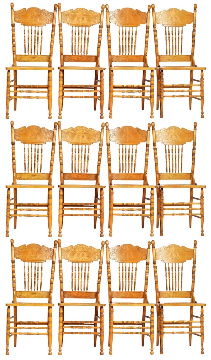 SET OF 12 EARLY 20TH CENTURY AMERICAN LARKIN PRESS BACK DINING CHAIRS