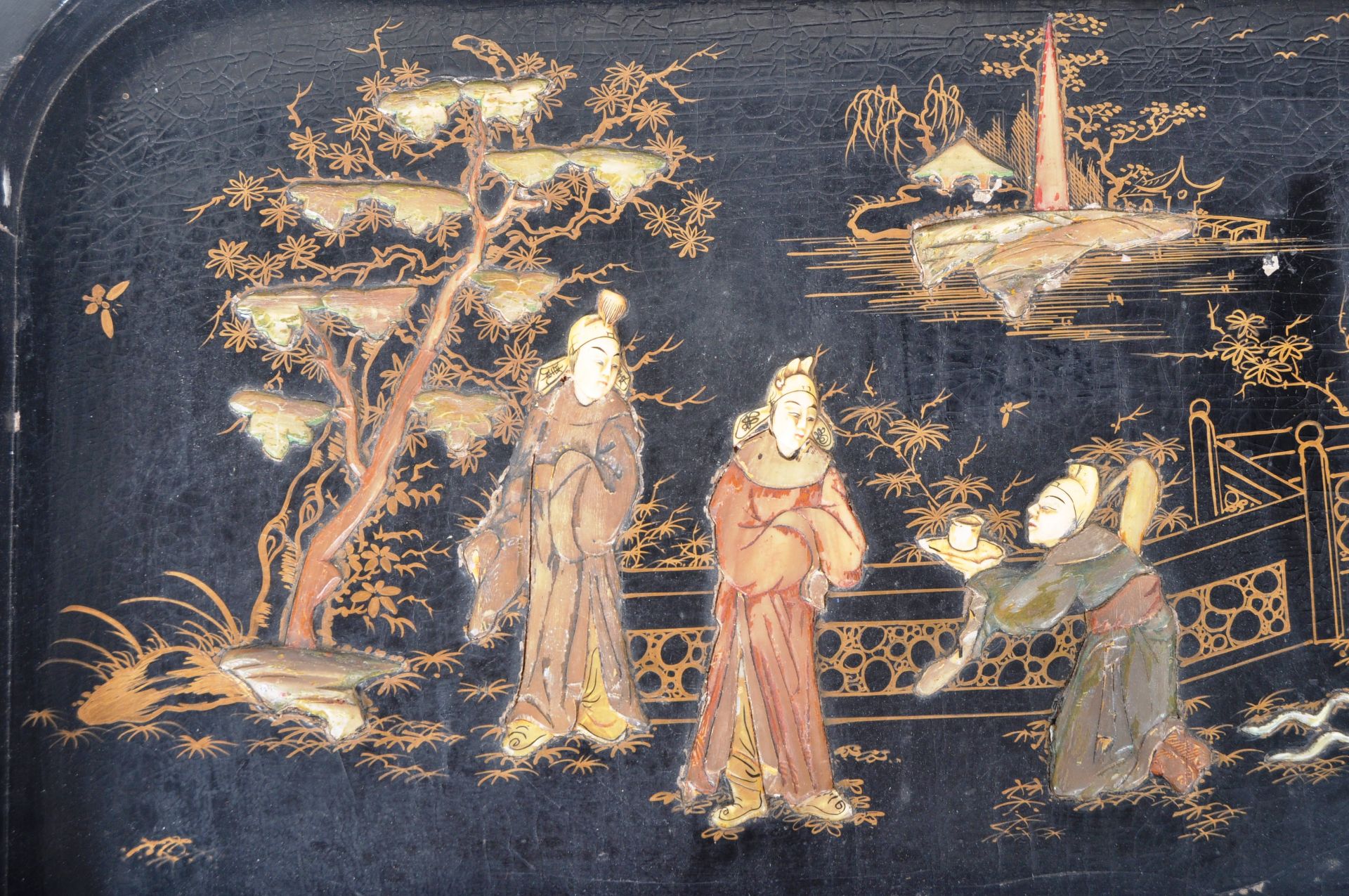 19TH CENTURY CHINESE CHINOISERIE BLACK LACQUER WALL PANEL - Image 2 of 7