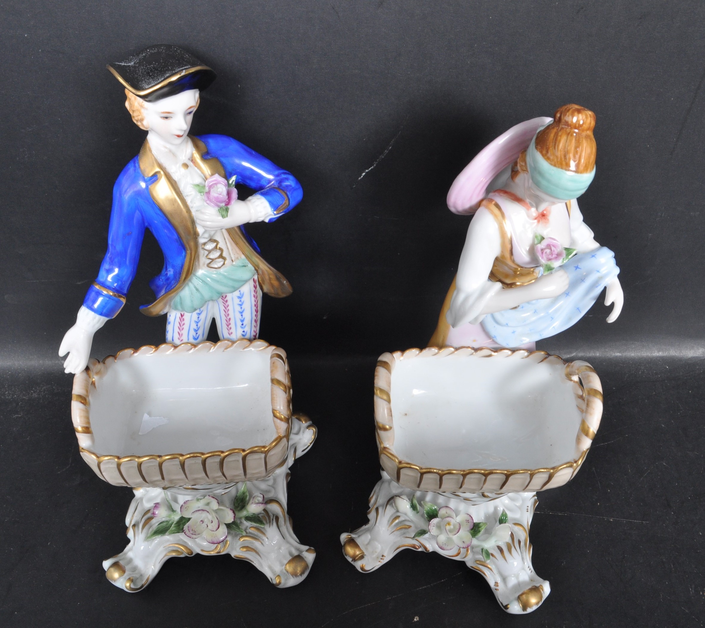 PAIR OF DRESDEN FIGURAL TABLE SALT CERAMICS - MAIDEN & GENT - Image 2 of 7