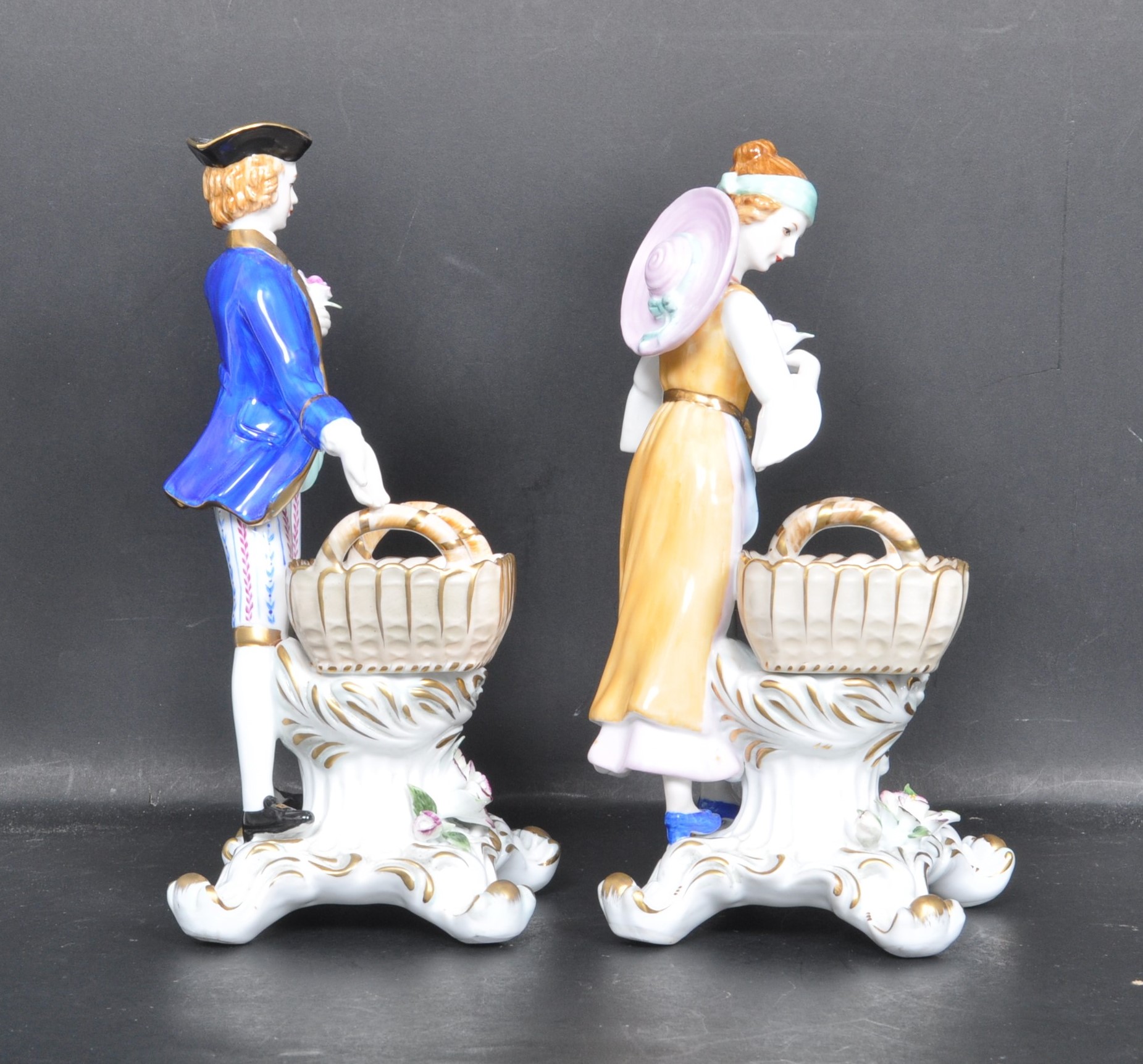 PAIR OF DRESDEN FIGURAL TABLE SALT CERAMICS - MAIDEN & GENT - Image 3 of 7