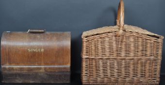 VINTAGE SINGER SEWING MACHINE & WICKER BASKET