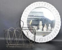 WICKER FRAMED MIRROR TOGETHER WITH A MAGAZINE RACK