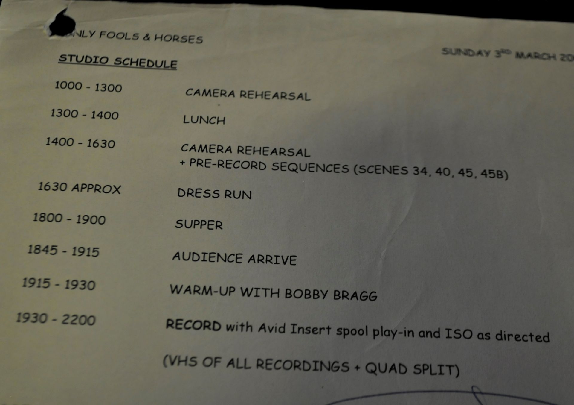 ONLY FOOLS & HORSES - STRANGERS ON THE SHORE - SIGNED STUDIO SCHEDULE - Image 3 of 5