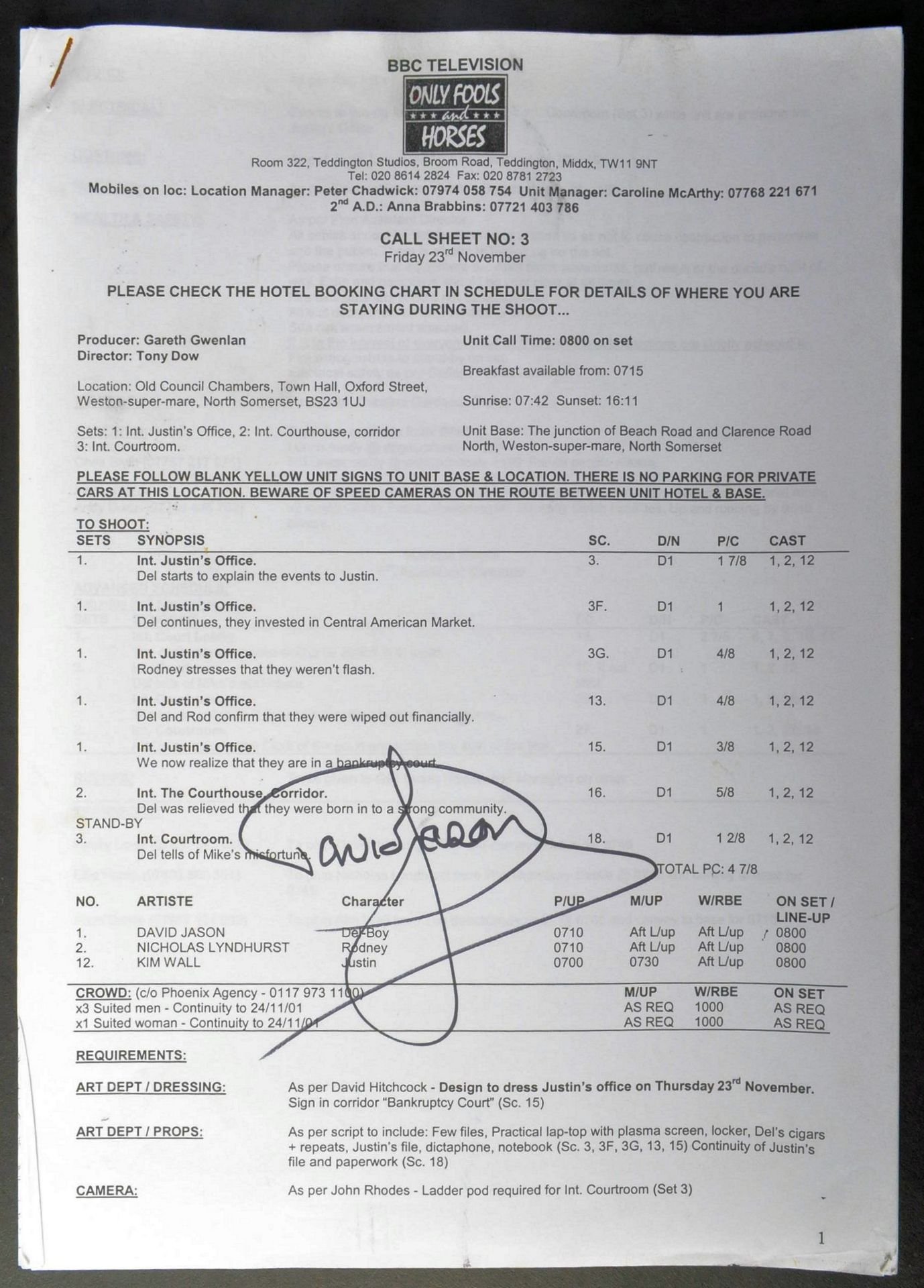ONLY FOOLS & HORSES - ORIGINAL PRODUCTION USED CALL SHEET SIGNED