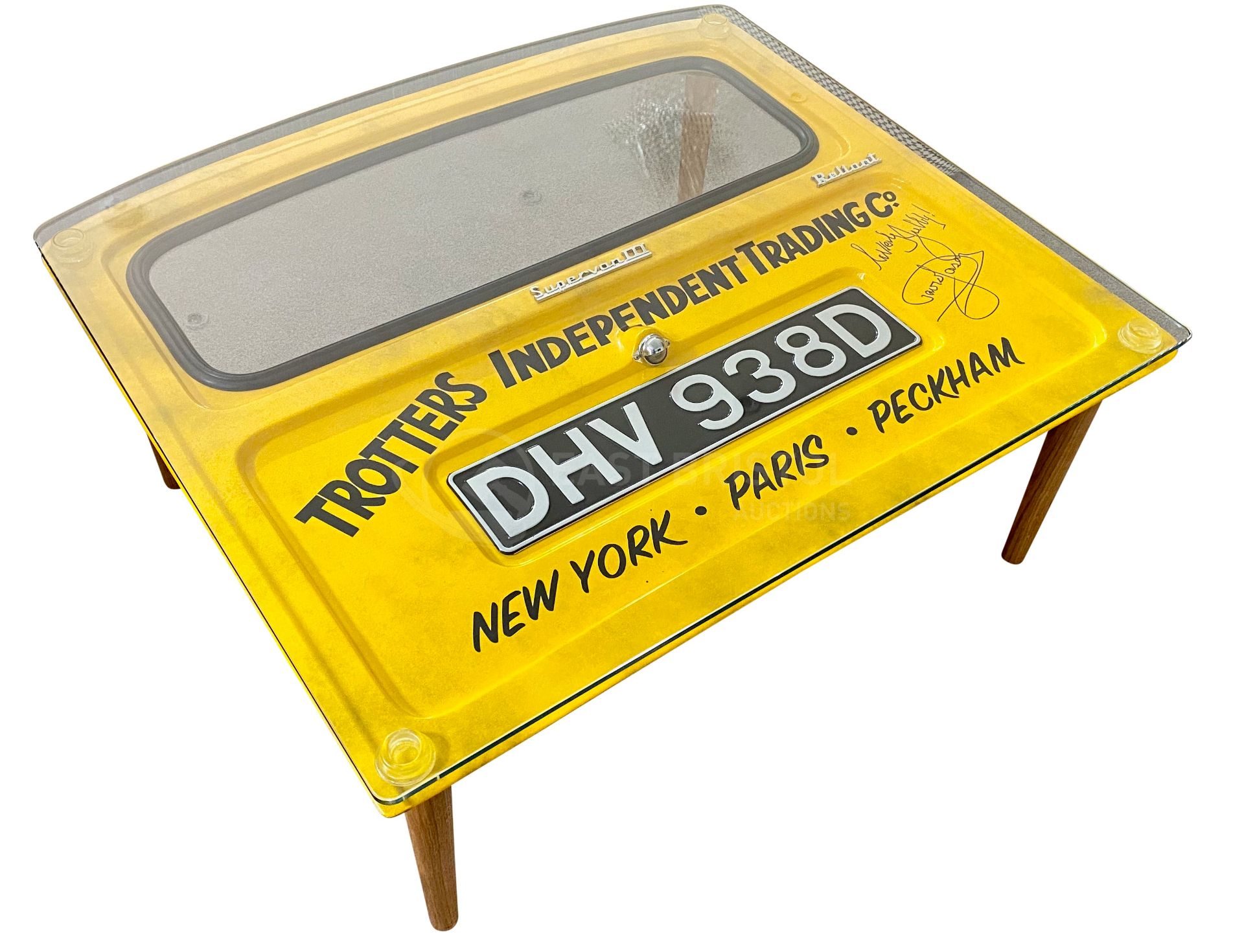 ONLY FOOLS & HORSES - RELIANT REGAL VAN DOOR CUSTOM COFFEE TABLE SIGNED