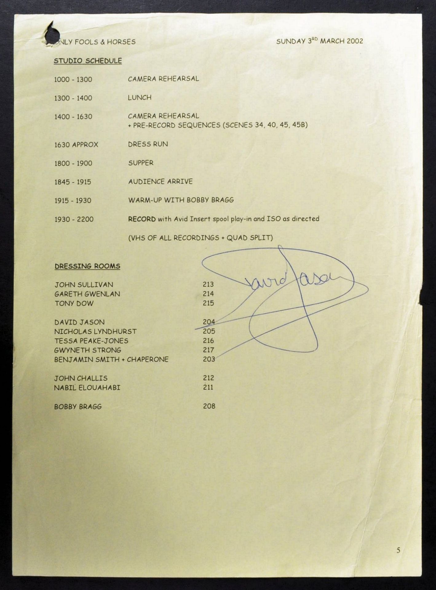 ONLY FOOLS & HORSES - STRANGERS ON THE SHORE - SIGNED STUDIO SCHEDULE