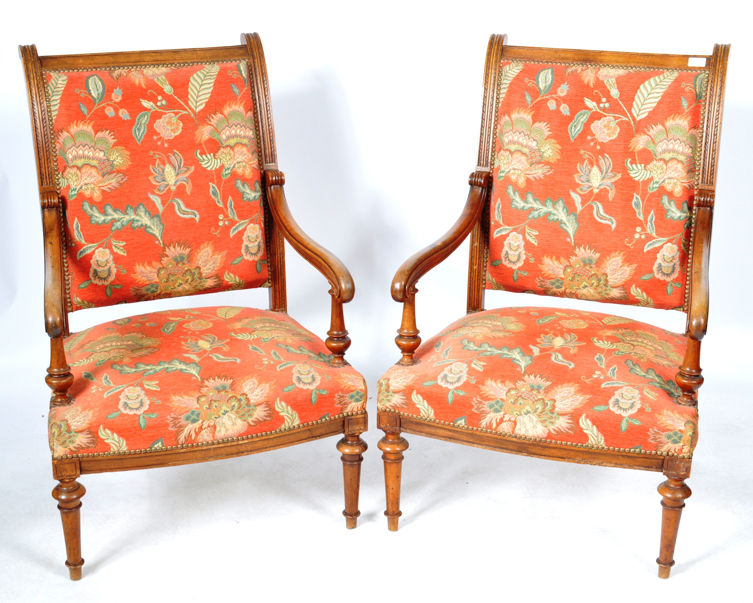 PAIR OF 19TH CARVED WALNUT FRAMED ARMCHAIRS - Image 2 of 8