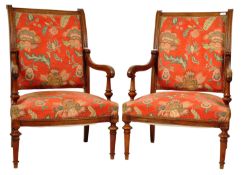 PAIR OF 19TH CARVED WALNUT FRAMED ARMCHAIRS