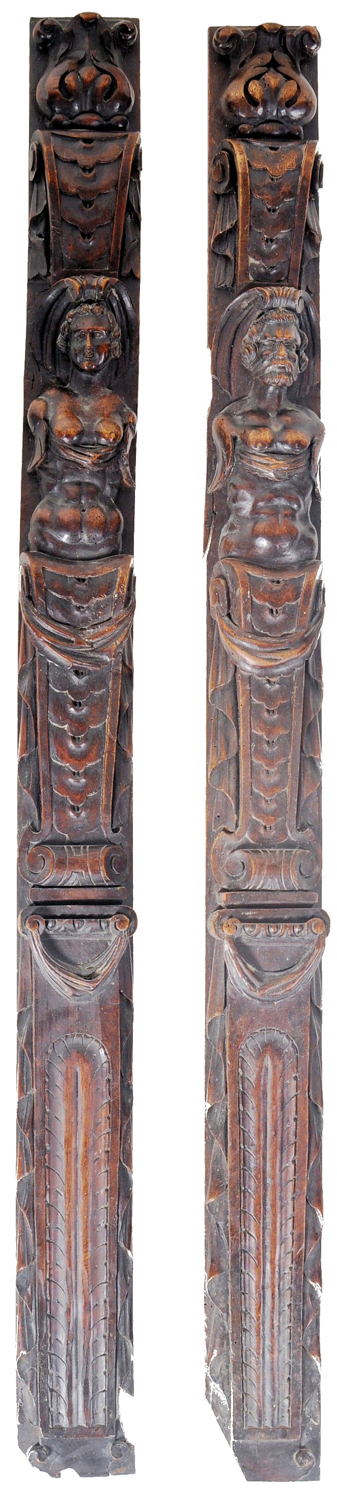 PAIR OF 17TH CENTURY CARVED WALNUT PANELS OF CARYATIDS AND HERMS