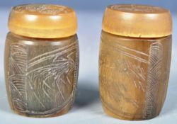 PAIR OF CHINESE CARVED RHINO HORN SNUFF BOXES / POTS