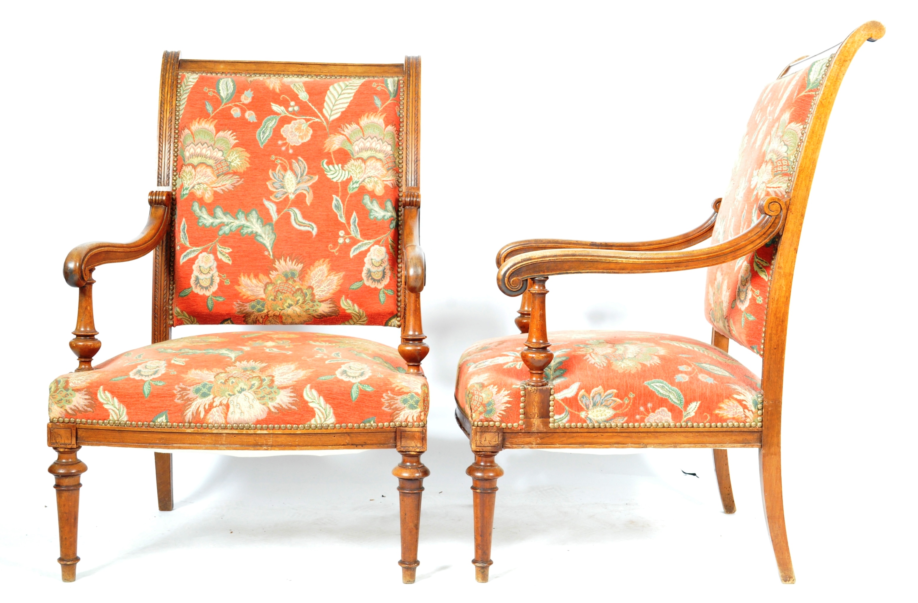 PAIR OF 19TH CARVED WALNUT FRAMED ARMCHAIRS - Image 6 of 8