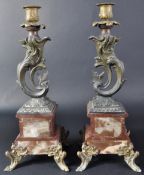 MATCHING PAIR OF 19TH CENTURY FRENCH BRONZE AND RED MARBLE CANDLESTICKS