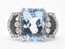 WHITE GOLD AQUAMARINE ONYX & DIAMOND DRESS RING