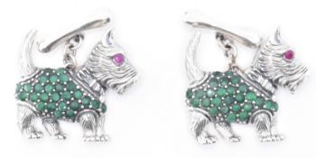 PAIR OF SILVER GREEN & RED STONE SCOTTY DOG CUFFLINKS