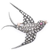 VICTORIAN DIAMOND & RUBY SET SWALLOW BROOCH