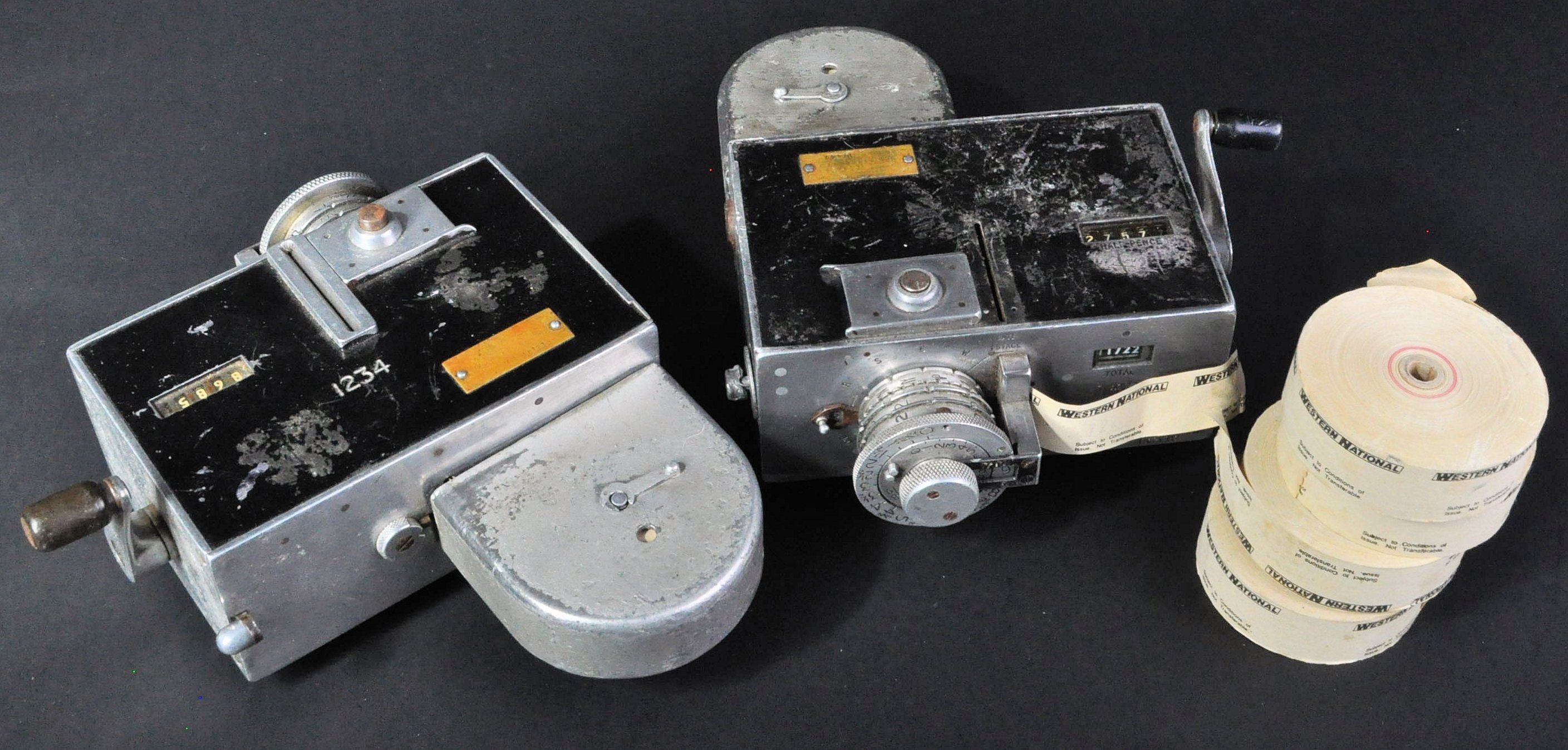 TWO VINTAGE BUS INSPECTOR'S SET RIGHT TICKET MACHINES