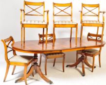 20TH CENTURY REGENCY STYLE YEW VENEER EXTENDING DINING TABLE AND CHAIRS