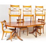 20TH CENTURY REGENCY STYLE YEW VENEER EXTENDING DINING TABLE AND CHAIRS