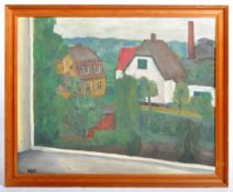 MID 20TH CENTURY OIL ON BOARD PAINTING VIEW FROM A WINDOW