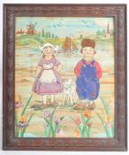 20TH DUTCH HAND-WOVEN TAPESTRY SCENE OF A SHEPHERDESS AND FARMER BOY