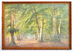 MID 20TH CENTURY PRINT IN COLOURS ON BOARD OF A FOREST SCENE