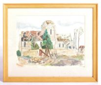 ROGER HOPKIN - WATERCOLOUR PAINTING DEPICTING A FRENCH CHURCH