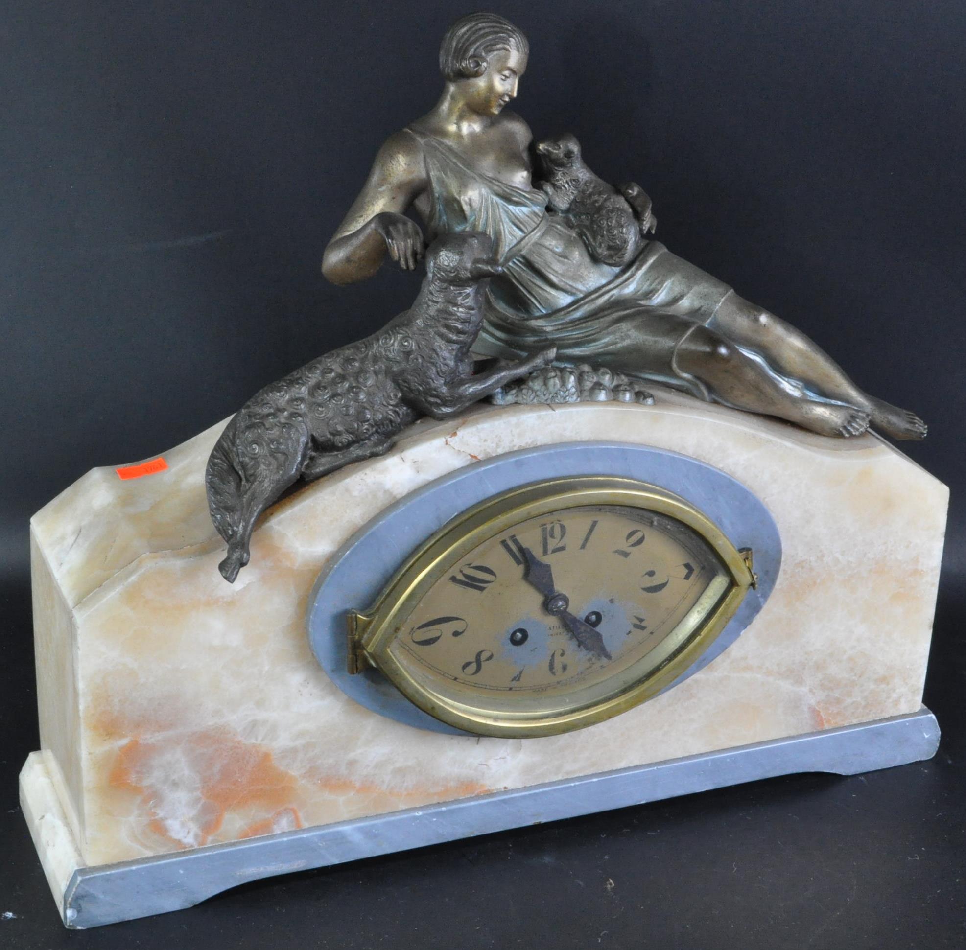 FRENCH ART DECO SPELTER AND MARBLE MANTEL CLOCK - Image 2 of 5