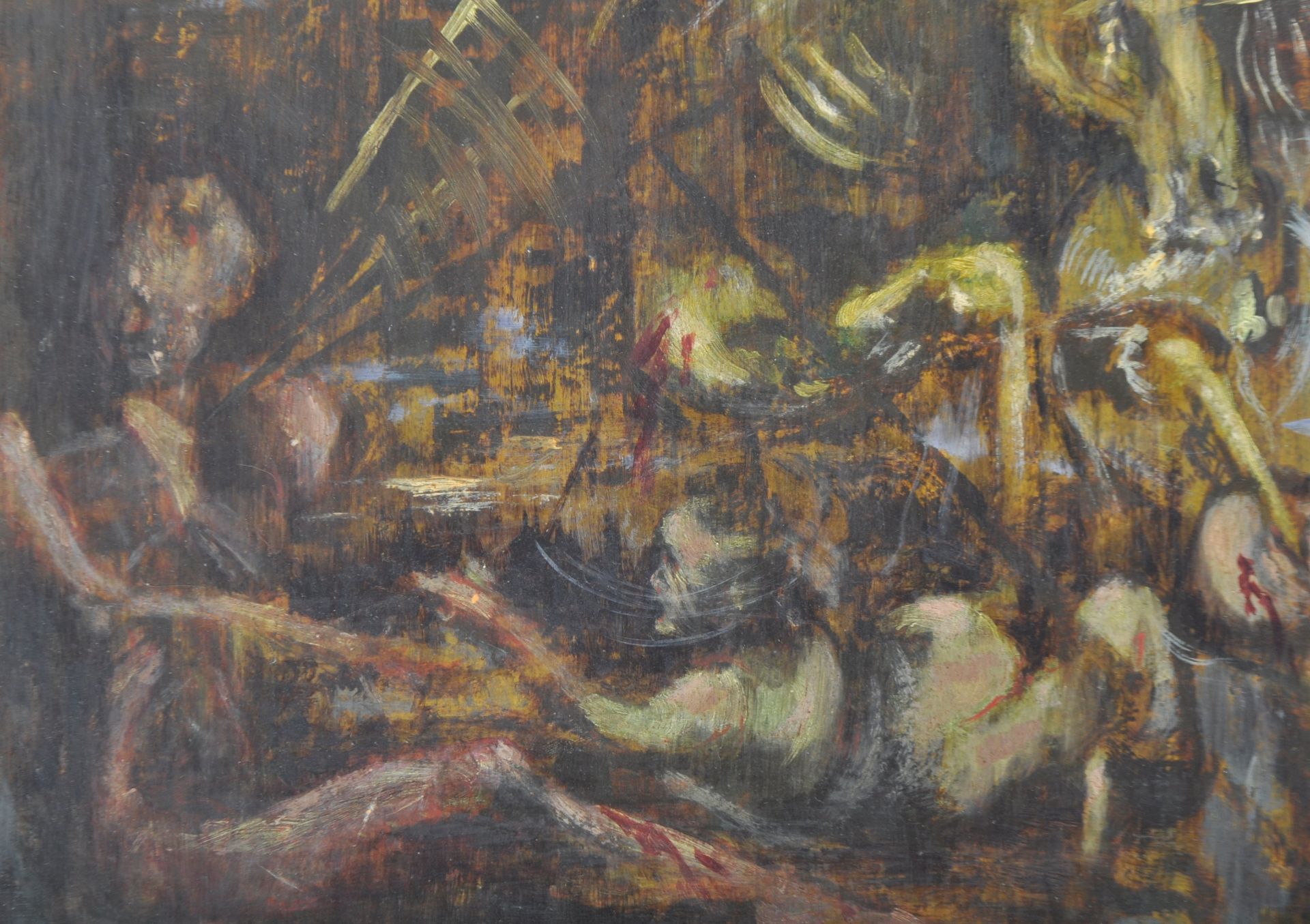 20TH CENTURY OIL ON BOARD EXPRESSIONAL BATTLE SCENE PAINTING - Image 2 of 5
