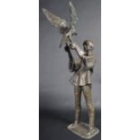 MID 20TH CENTURY SOLID BRONZE FIGURE OF A YOUNG FALCONER