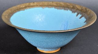 MID 20TH CENTURY STUDIO ART POTTERY BOWL WITH TURQUOISE GLASS