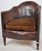 ART DECO WELL WEATHERED BROWN LEATHER CLUB ARMCHAIR