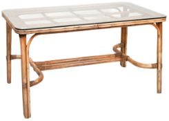 RETRO BAMBOO AND CANE GLASS TOPPED DINING TABLE